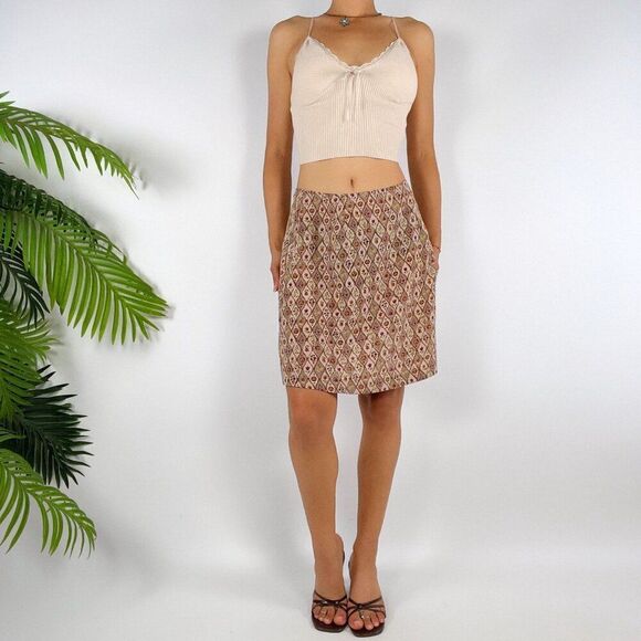 Vintage 90s Express Brown Floral Mid Rise Boho Granola Girl Mini Skirt / 7/8 - Picture 4 of 6